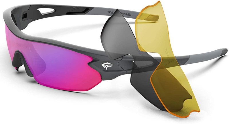 Torege Polarized Sports Sunglasses With 3 Interchangeable Lenes for Men Women Cycling Running Driving Fishing Glasses TR002 Sporting Goods > Outdoor Recreation > Cycling > Cycling Apparel & Accessories TOREGE Grey Frame&light Rainbow Lens  