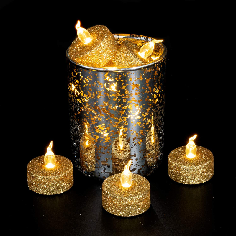 Glitter Gold Tea Lights, Battery Operated Flameless LED Tea Light, Gold Glitter Flickering Electric Fake Candles for Wedding, Party, Festival Christmas Decor, Pack of 12 Home & Garden > Decor > Home Fragrances > Candles Homemory   