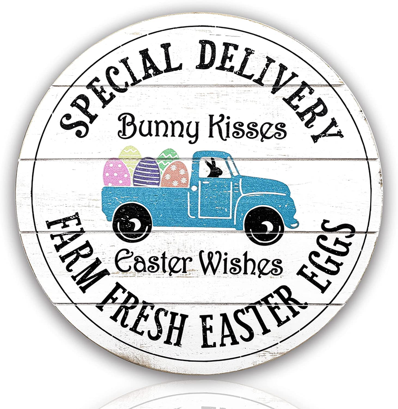 CYPREWOOD Easter Eggs and Blue Truck Wooden Front Door Sign, 16" Farmhouse Wood Easter Hanging Decorations, Rustic Home Decor for Front Door, Wreaths, Porch Home & Garden > Decor > Seasonal & Holiday Decorations CYPREWOOD Easter Egg & Blue Truck  