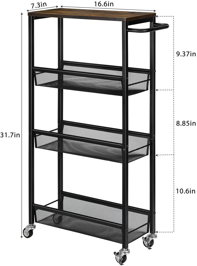MOOACE Slim Storage Cart, 4 Tier Kitchen Rolling Shelving on Wheels Mobile Utility Cart with Wooden Tabletop for Bathroom, Laundry Narrow Places, 16.6''X 7.3''X 31.1''Inch