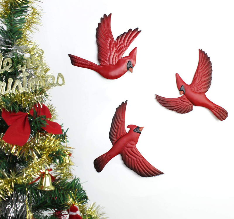 FANWNKI Red Metal Birds Cardinal Set of 3 Wall Art Decor Sculptures Hanging for Christmas Outdoor Indoor Home Garden Porch Fence