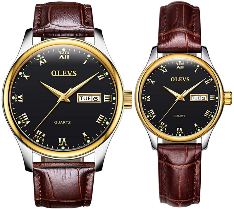 OLEVS Valentines Couple Pair Quartz Watches Luminous Calendar Date Window 3ATM Waterproof, Casual Stainless Steel His and Hers Wristwatch for Men Women Lovers Wedding Romantic Gifts Set of 2 Home & Garden > Decor > Seasonal & Holiday Decorations OLEVS Black dial & Golden case & Brown band  