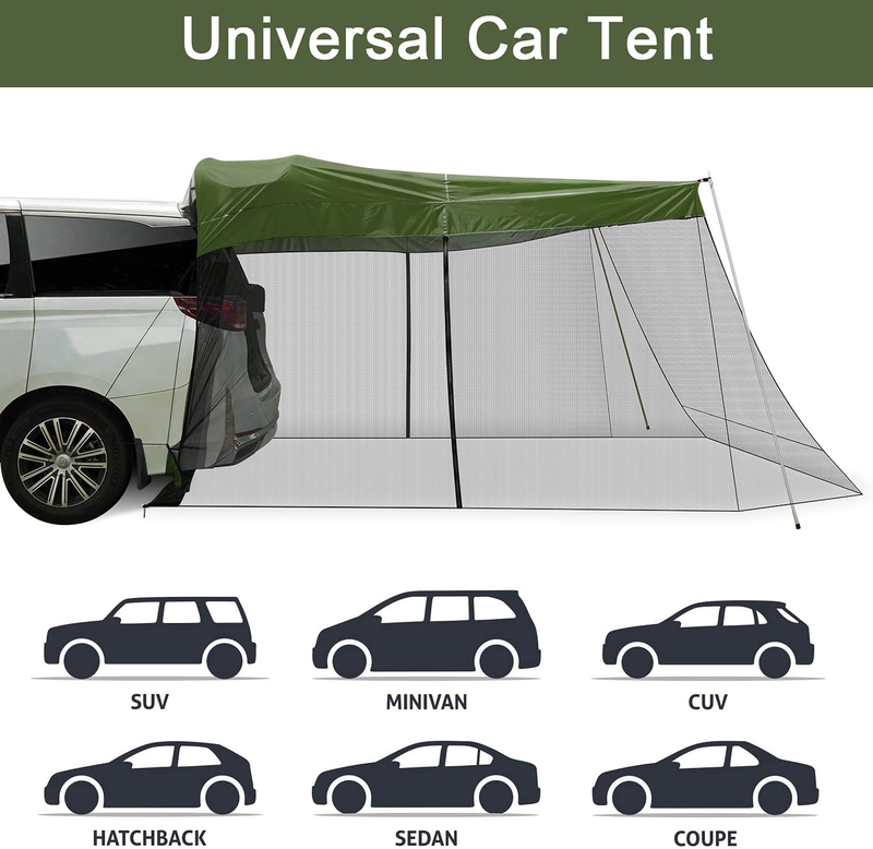 G4Free Car Awning Sun Shelter with Mosquito Net, Portable SUV Tent Tailgate Shade Car Canopy for Outdoor Camping Car Travel (Army Green)