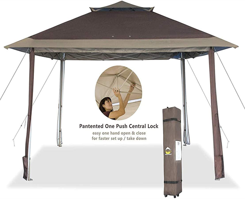 CROWN SHADES 13x13 Canopy Pop up Gazebo Yard Gazebo Canopy, Patented One Push Tent Canopy with Full Auto Awnings, Two Tiered Vented Top, Wheeled Carry Bag, 4 Ropes & Upgrade Stakes, Beige & Coffee Home & Garden > Lawn & Garden > Outdoor Living > Outdoor Structures > Canopies & Gazebos CROWN SHADES Coffee & Beige  