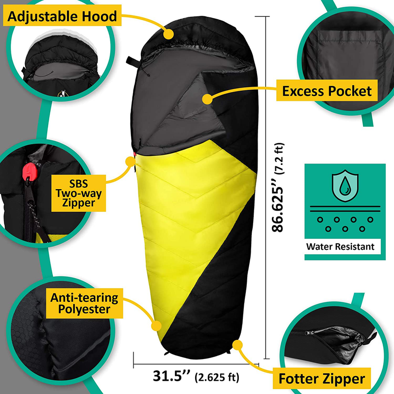 Mummy Sleeping Bag - Camping, Hiking, Backpacking Sleeping Bag - Single Person Compact Lightweight Sleeping Bag for Adults with Compression Sack - Warm and Cold Weather Sleep Bag - by Trek N Tree