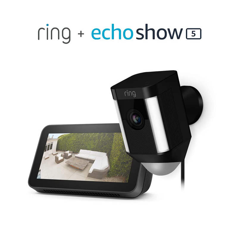 Ring Spotlight Cam Wired: Plugged-in HD security camera with built-in spotlights, two-way talk and a siren alarm, White, Works with Alexa Cameras & Optics > Cameras > Surveillance Cameras Ring Black Prime - $10 Echo Show 5 (New) 