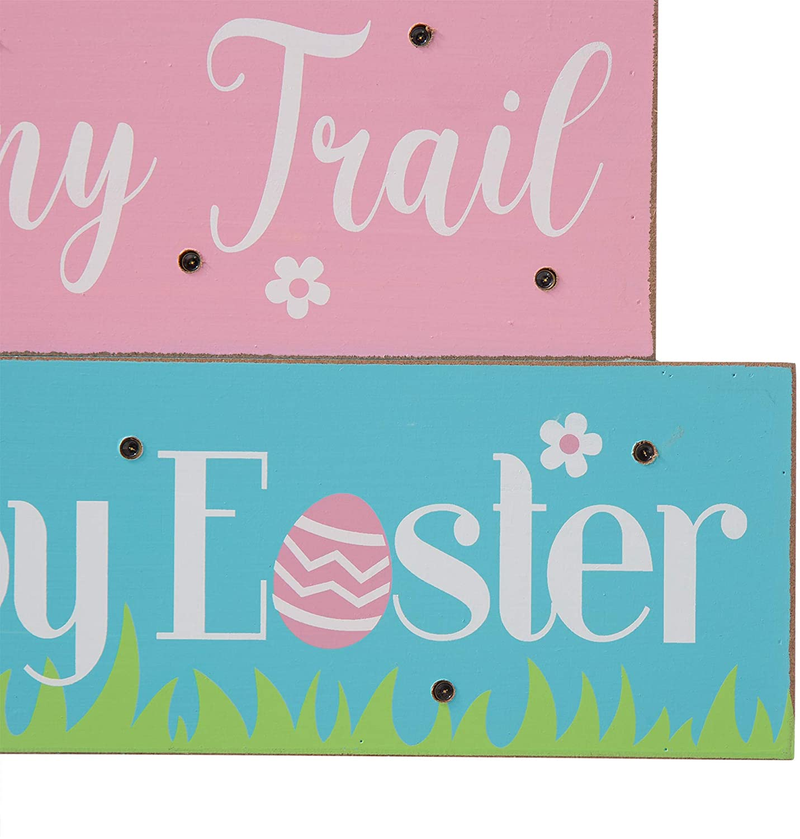 Glitzhome LED Lighted Wooden/Metal Block with Sayings Egg Hunt, Trail, Happy Easter Bunny Holiday Decorations Signs, Multi-Color