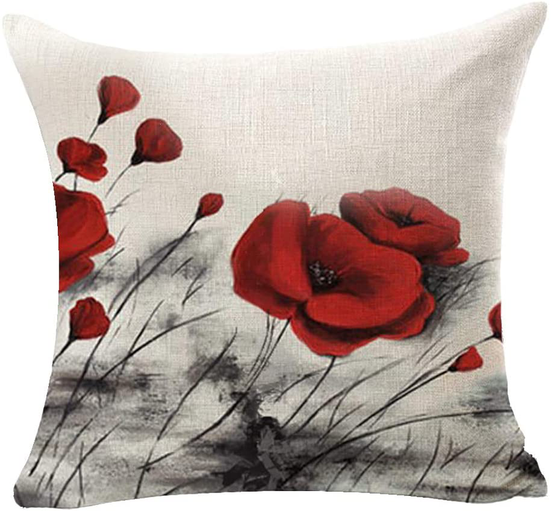 NIDITW Pack of 4 Watercolor Ink Painting Red Poppy Flower Cotton Burlap Decorative Square Throw Pillow Case Cushion Cover for Couch Living Room 18 Inches (A) Home & Garden > Decor > Chair & Sofa Cushions NIDITW   