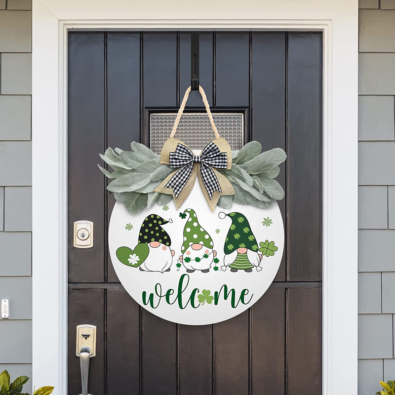 St Patrick'S Day Wreath for Front Door Decor Welcome Sign Shamrock Gnomes Pattern Hanging Door Sign with Greenery & Bow Wooden round St Patricks Day Decoration for the Home Farmhouse Decor 12X12 Inch Arts & Entertainment > Party & Celebration > Party Supplies Asoulin   