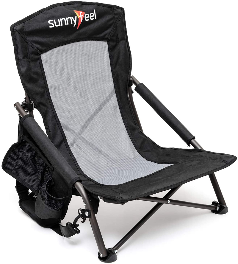 SUNNYFEEL Folding Camping Chair, Low Beach Chair Lightweight with Mesh Back,Cup Holder,Side Pocket,Padded Armrest,Sling, Portable Camp Chairs for Outdoor Picnic Fishing Lawn Concert (Black)