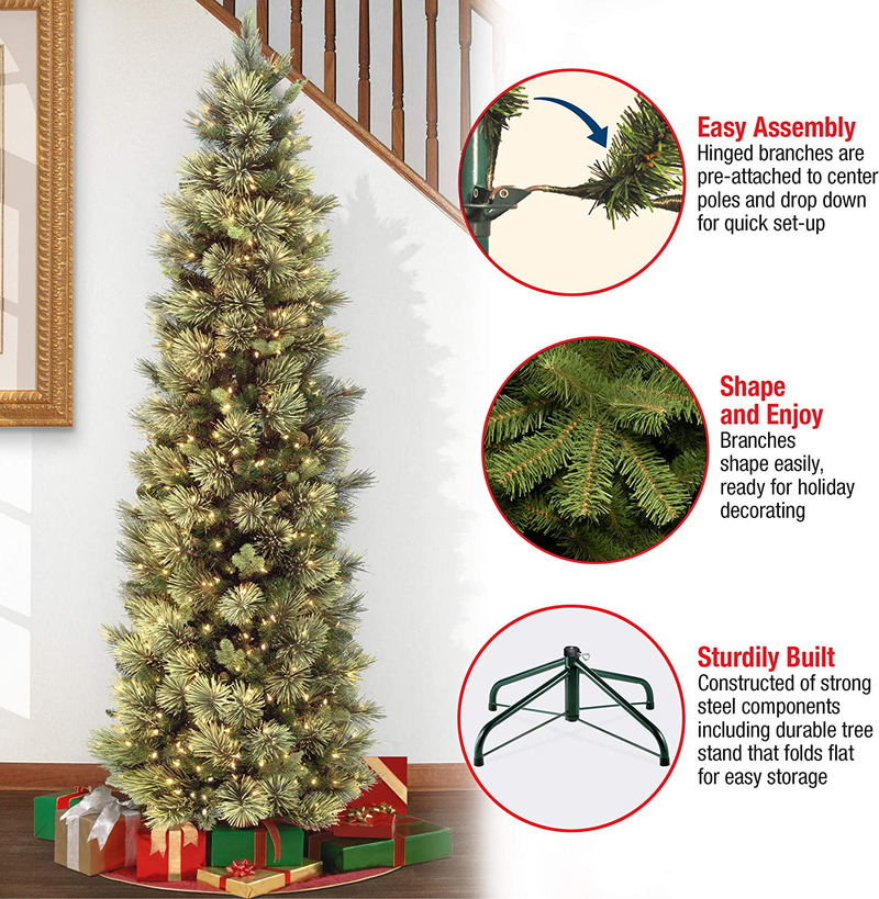 National Tree Company Pre-lit Artificial Christmas Tree | Includes Pre-strung White Lights and Stand | Carolina Pine Slim - 7.5 ft