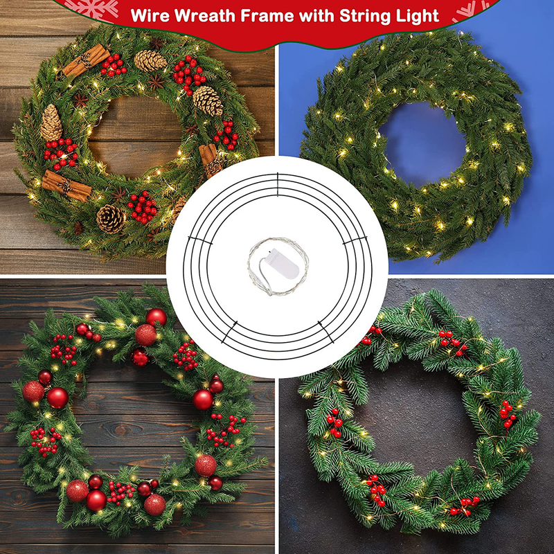 Christmas Wire Wreath Frame with String Light, round Green Metal Floral Crafts Wire Wreath Form for New Year Thanksgiving Day Valentines Decoration (2 Sets,12 Inch) Home & Garden > Decor > Seasonal & Holiday Decorations Mudder   