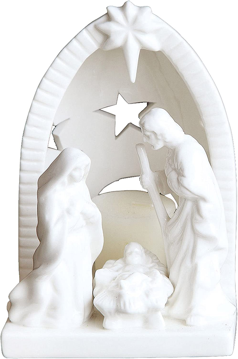 Creative Co-Op Ceramic Nativity Tealight Holder, 6.5 Inch, White
