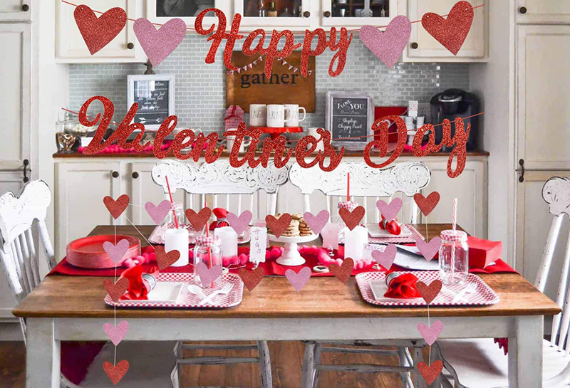 Happy Valentines Day Banner, Red Glittery Valentines Day Party Decorations, Valentines Day Garland, Valentines Photo Props, Heart Decorations, Wedding Anniversary Party, Valentines Day Fireplace Decor Home & Garden > Decor > Seasonal & Holiday Decorations Weimaro   