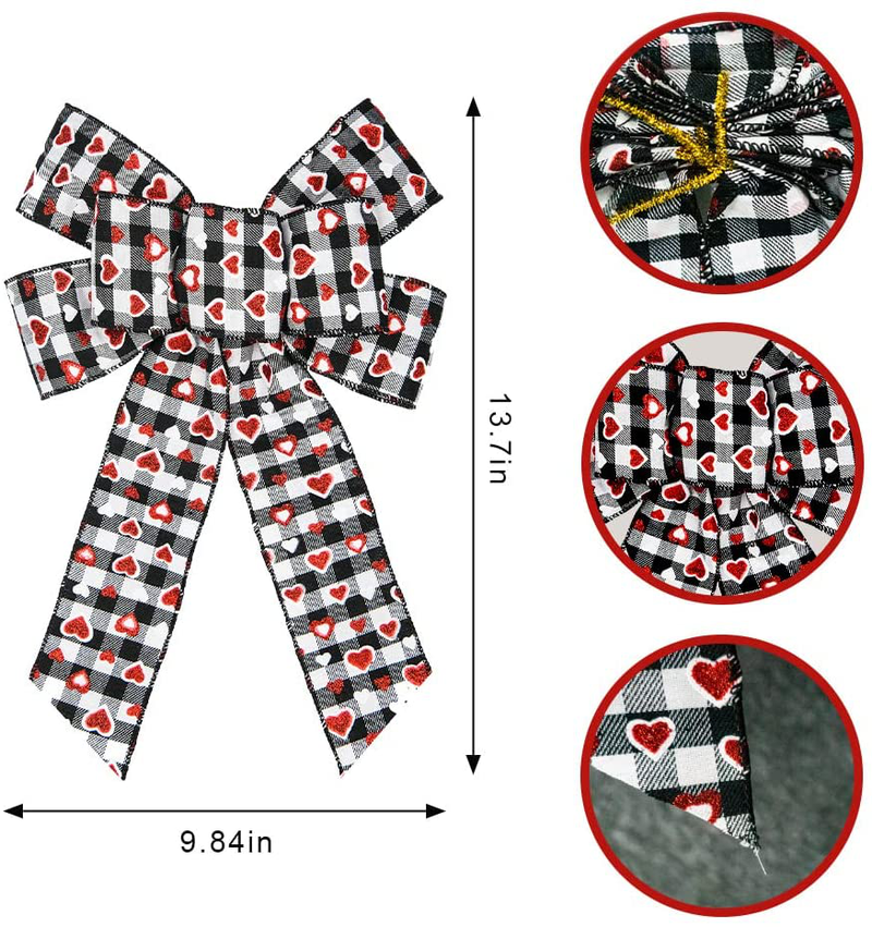 Threetols 2 Pack Valentine'S Day Wreath Bows, Black and White Buffalo Plaid Bows for Wreath Valentine Red Glitter Heart Decoration Bows for Indoor Outdoor Holiday Wedding Party Decoration Home & Garden > Decor > Seasonal & Holiday Decorations Threetols   
