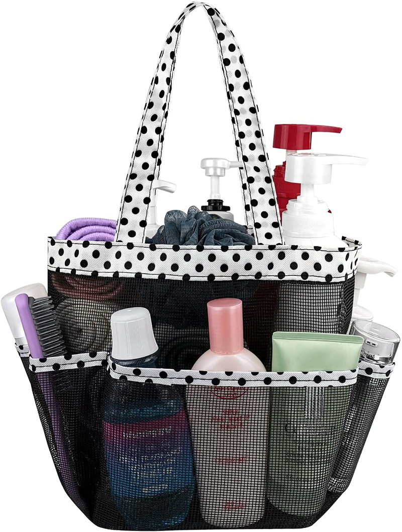 Mesh Shower Caddy Basket with 8 Storage Pockets, Portable Shower Tote Bag Hanging Swimming Pool, Toiletry Bathroom Organizer for College Dorm Room Essentials for Girls and Boys (1, Golden Dots) Sporting Goods > Outdoor Recreation > Camping & Hiking > Portable Toilets & Showers Hommtina Black White Dots 1 