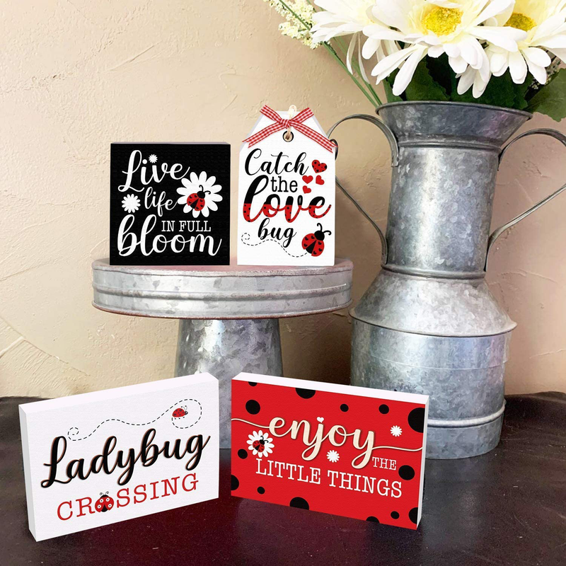 Huray Rayho Tiered Tray Decorations Ladybug Wooden Blocks Sign Modern Style For Home Farmhouse Rustic Ladybird Decor Kitchen Shelf Display Summer Holiday Party Favors Gifts (4 piece) Home & Garden > Decor > Seasonal & Holiday Decorations& Garden > Decor > Seasonal & Holiday Decorations Huray Rayho   