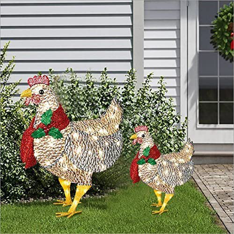 Light-Up Chicken With Scarf Holiday Decoration, 1Pc Led Metal Chicken Christmas Ornaments, for Christmas Thanksgiving Lawn Courtyard Outdoor Garden Corridor Atmosphere Decoration (Big + Small)