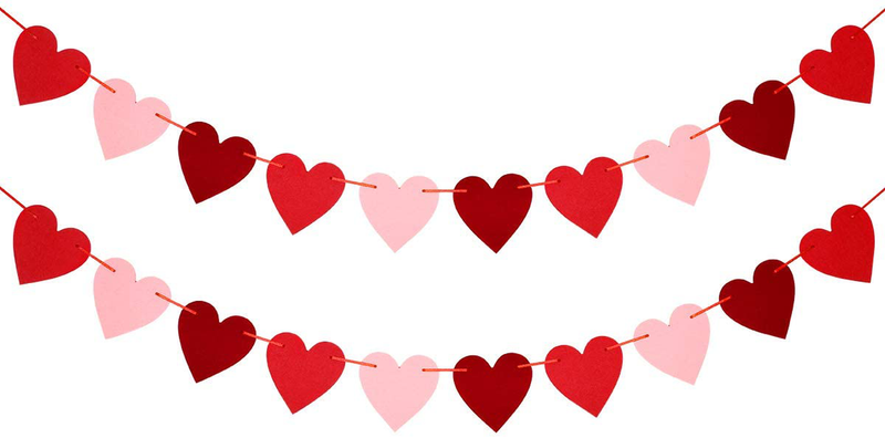 Felt Heart Garland Banner for Valentines Day Decorations,Wedding Engagement Bachelorette Home Indoor Valentine Day Decor (Red, Pink and Rose Red Color)