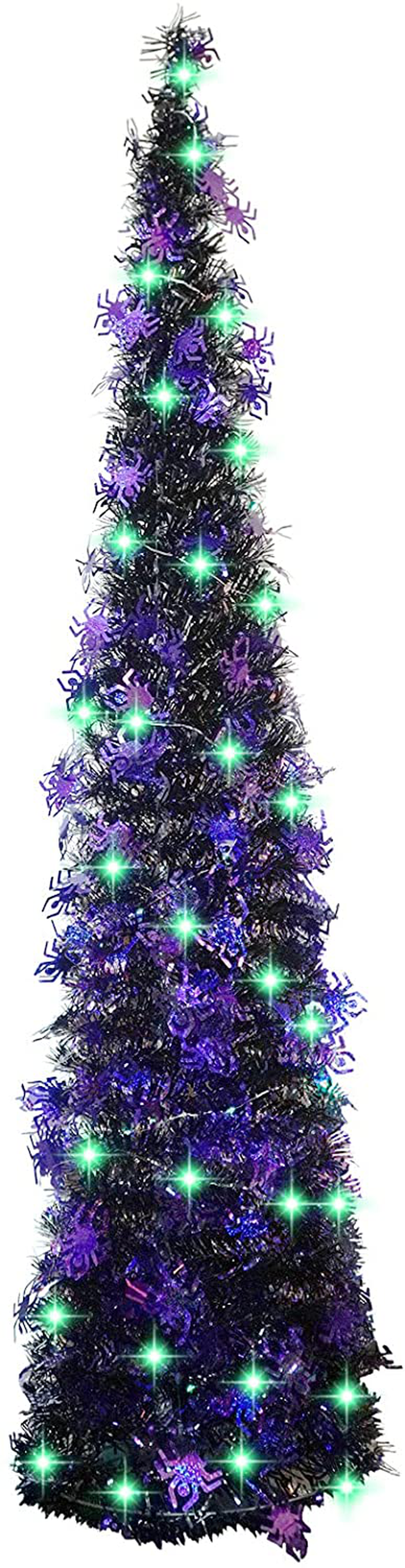 Halloween Christmas Tree with 50 Lights,5ft Black Artificial Glittery Circle Sequin Collapsible Pencil Tinsel Trees for Decorations Indoor Holiday Party Home & Garden > Decor > Seasonal & Holiday Decorations > Christmas Tree Stands WOKEISE Purple+spider  