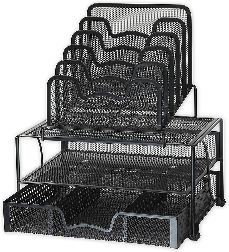 SimpleHouseware Mesh Desk Organizer with Sliding Drawer, Double Tray and 5 Stacking Sorter Sections, Black Office Supplies > General Office Supplies Simple Houseware   