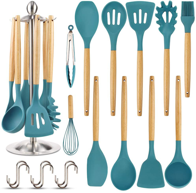 Silicone Kitchen Cooking Utensil Set, EAGMAK 16PCS Kitchen Utensils Spatula Set with Stainless Steel Stand for Nonstick Cookware, BPA Free Non-Toxic Cooking Utensils, Kitchen Tools Gift (Mint Green)