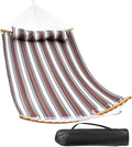 SUNNY GUARD 11FT Double Hammock Quilted Fabric Curved-Bar Bamboo＆Detachable Pillow,2 Person Hammock for Outdoor Patio Backyard 75"x55",Navy Blue Home & Garden > Lawn & Garden > Outdoor Living > Hammocks SUNNY GUARD Brown Stripes  