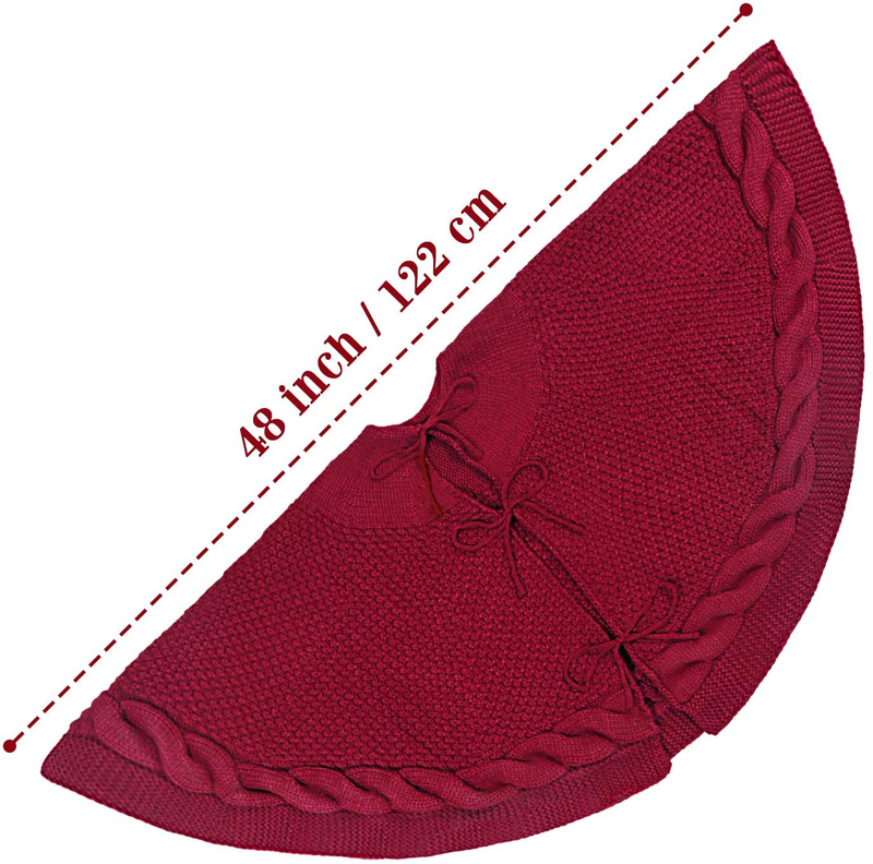 LimBridge Christmas Tree Skirt, 48 inches Cable Knit Knitted Thick Rustic Xmas Holiday Decoration, Burgundy