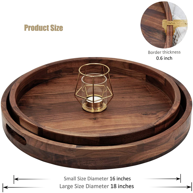 MAGIGO Set of 2 Large Round Black Walnut Wood Ottoman Tray with Handles, Serve Tea, Coffee, Classic Wooden Decorative Serving Tray, 16 &18 inches Home & Garden > Decor > Decorative Trays MAGIGO   