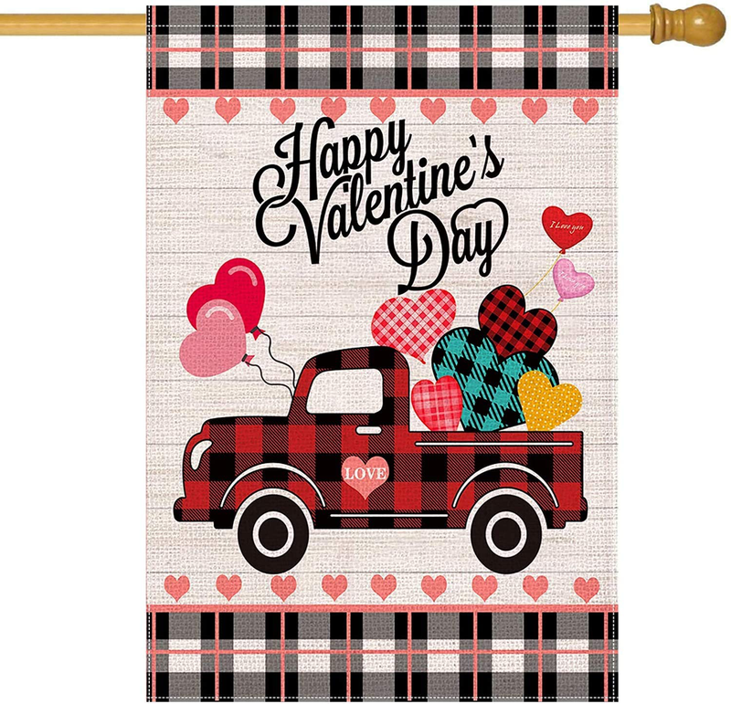 Happy Valentine'S Day Garden Flag for Outside,12×18 Inch Double Sided Burlap,Black and White Buffalo Plaid Truck with Love Heart,Valentine Day Yard Decors for Outdoor Anniversary Wedding Farmhouse