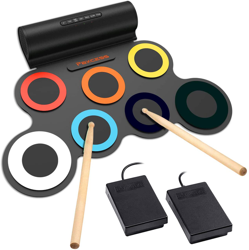 PAXCESS Electronic Drum Set, Roll Up Drum Practice Pad Midi Drum Kit with Headphone Jack Built-in Speaker Drum Pedals Drum Sticks 10 Hours Playtime, Great Holiday Birthday Gift for Kids  PAXCESS multicolored  
