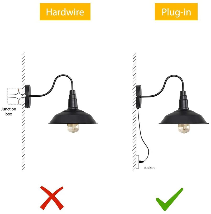 HAITRAL Plug in Wall Lamps Set of 2- Farmhouse Wall Sconces with Plug in Cord and Buttun Switch, Industrial Wall Light Fixtures Plug in for Bedroom, Living Room, Farmhouse, Bathroom Vanity-Black