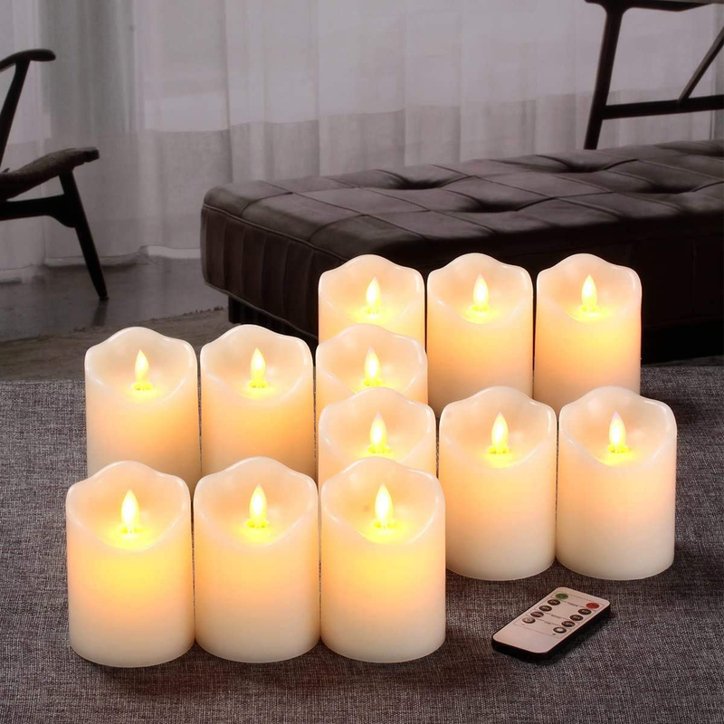 qinxiang Flameless Candles Flickering LED Candles Set of 12 (D:3" X H:4") Ivory Real Wax Pillar Battery Operated Candles with Dancing LED Flame 10-Key Remote and Cycling 24 Hours Timer Home & Garden > Decor > Home Fragrances > Candles qinxiang   