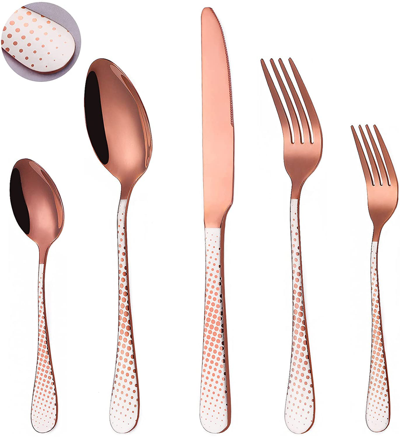 PHILIPALA Rose Gold Silverware Set, 20-Piece Stainless Steel Flatware Cutlery Set Service for 4, Include Forks Knives and Spoons, Modern & Elegant Design, Mirror Finish and Dishwasher Safe Home & Garden > Kitchen & Dining > Tableware > Flatware > Flatware Sets PHILIPALA Shiny Rose Gold  