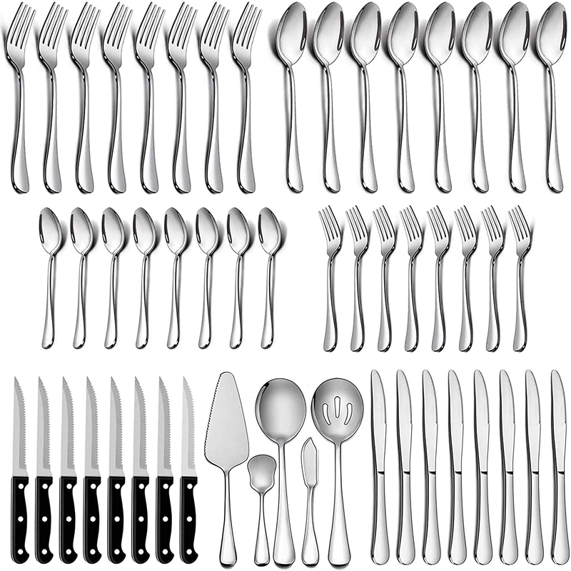 LIANYU 53-Piece Silverware Set with Steak Knives and Serving Utensils, Stainless Steel Flatware Cutlery Set Service for 8, Eating Utensil Set for Home Party Wedding, Dishwasher Safe, Mirror Finished Home & Garden > Kitchen & Dining > Tableware > Flatware > Flatware Sets LIANYU Silver 65 