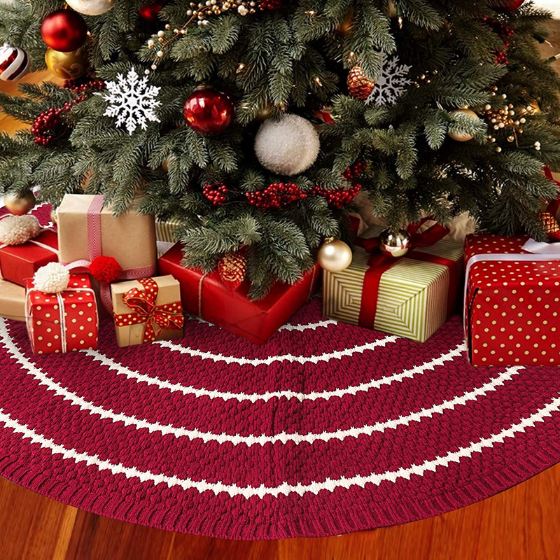 LimBridge Christmas Tree Skirt, 48 inches Knitted Rustic Stripe Thick Heavy Yarn Knit Xmas Holiday Decoration, Burgundy and Cream Home & Garden > Decor > Seasonal & Holiday Decorations > Christmas Tree Skirts LimBridge   