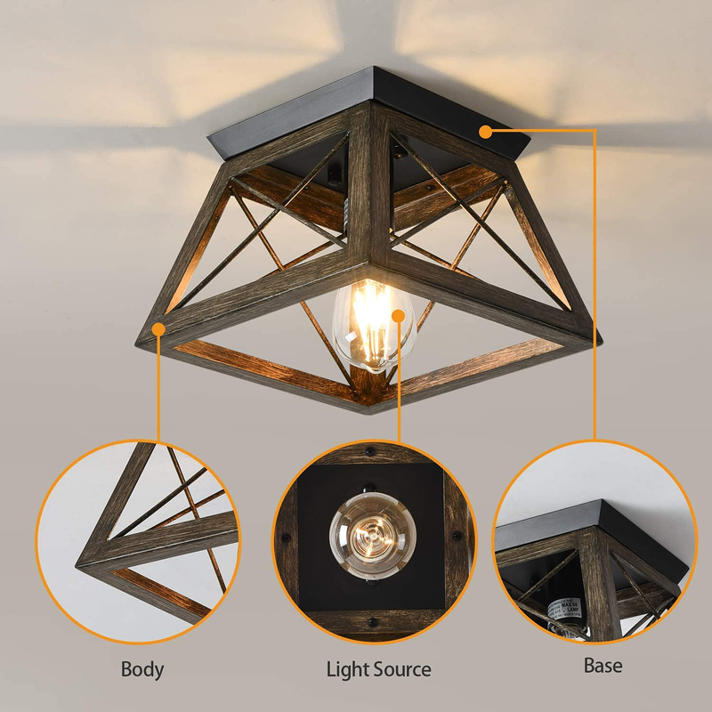 PUSU Farmhouse Light Fixture,One-Light Metal Open Caged Flush Mount Ceiling Light with Brown Wooden Grain Finish Light Fixtures for Entryway Hallway and Stairway Home & Garden > Lighting > Lighting Fixtures > Ceiling Light Fixtures KOL DEALS   