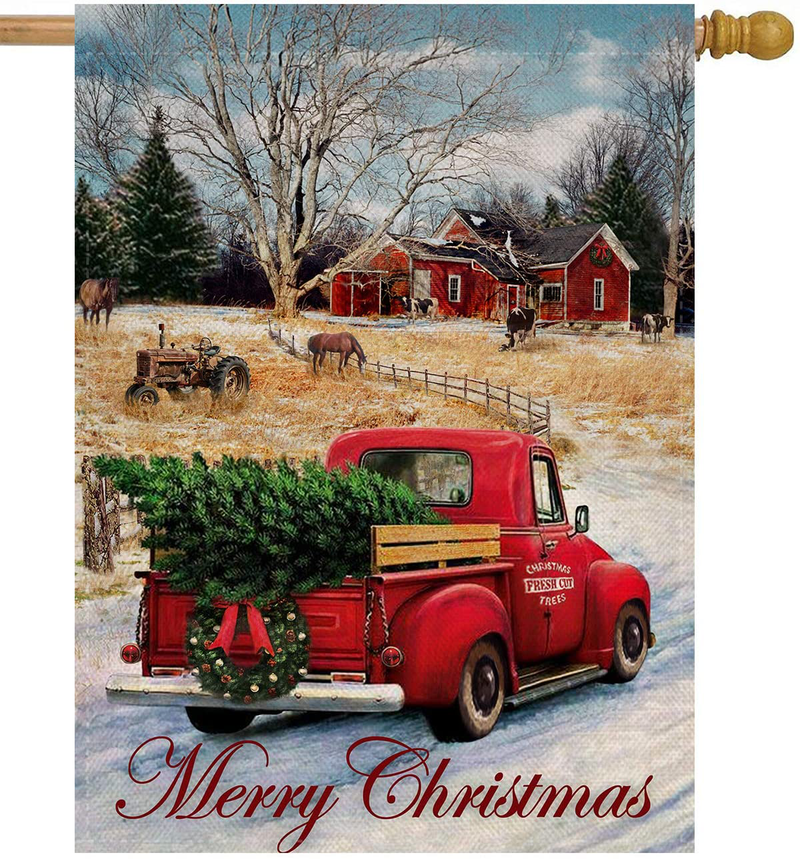 Dyrenson Merry Christmas 28 x 40 House Flag Red Truck Double Sided, Xmas Farmhouse Quote Burlap Garden Yard Decoration, Rustic Winter Vintage Seasonal Outdoor Décor Decorative Large Flag for Holiday Home & Garden > Decor > Seasonal & Holiday Decorations& Garden > Decor > Seasonal & Holiday Decorations Dyrenson 28 x 40  