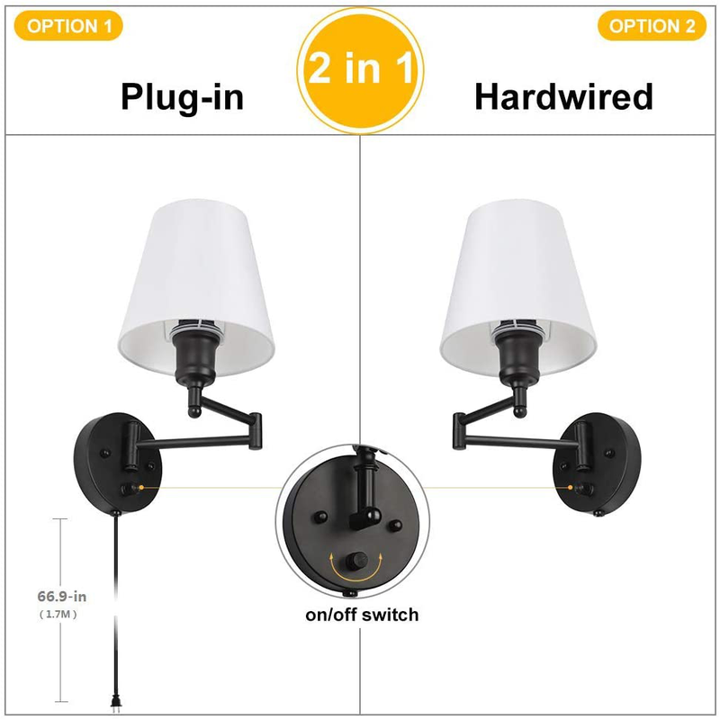 HAITRAL Adjustable Swing Arm Wall Sconces 2 Pack - Bedroom Wall Lamps with White Shade& Black Metal, Plug In& Hardwire Modern Wall Lamps for Bedside, Farmhouse, Kitchen, Bedroom(Bulb Is Not Included) Home & Garden > Lighting > Lighting Fixtures > Wall Light Fixtures KOL DEALS   