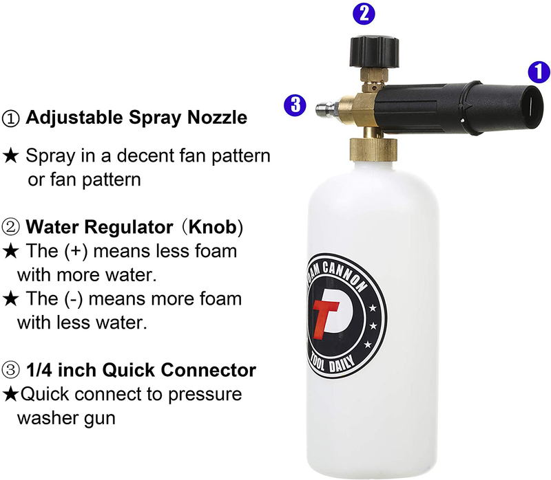 Tool Daily Foam Cannon with 1/4 Inch Quick Connector, 1 Liter, 5 Pressure Washer Nozzle Tips  Tool Daily   