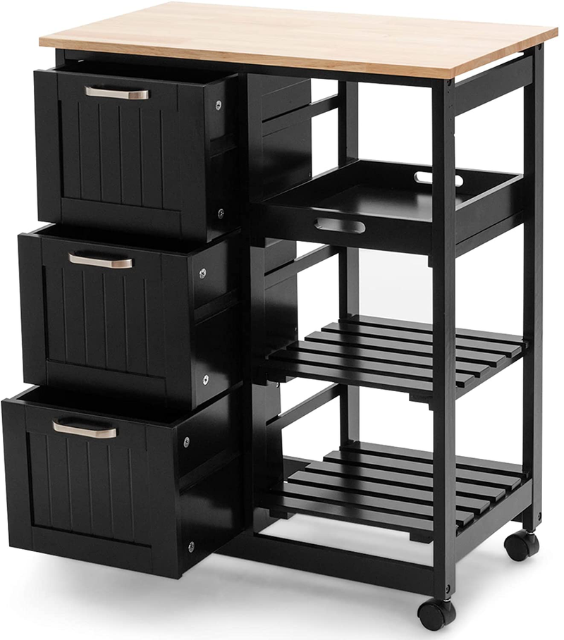 COSTWAY Kitchen Storage Island Cart on Wheels, Kitchen Rolling Trolley Cart with 3 Drawers and Shelves, 360° Wheels & Detachable Tray, Utility Cart for Dining Room, Living Room & Bedroom (Black) Home & Garden > Kitchen & Dining > Food Storage COSTWAY Black  