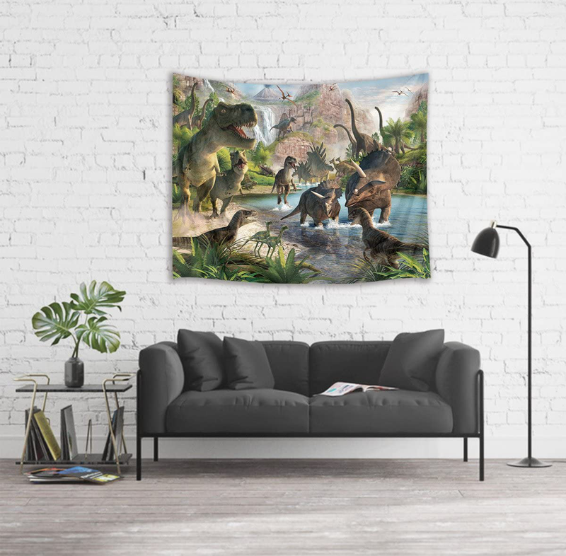 HVEST Jurassic Dinosaur Tapestry Wild Ancient Predator Animal Wall Hanging Tropical Forest with Green Trees and Mountain Wall Tapestries for Bedroom Living Room Dorm Party Wall Decor,60Wx40H inches Home & Garden > Decor > Artwork > Decorative Tapestries HVEST   