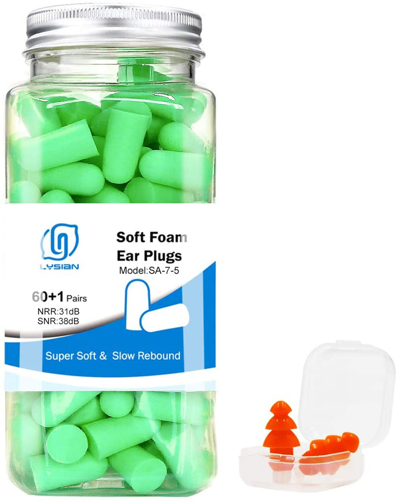 LYSIAN Ultra Soft Green Foam Earplugs 60 Pairs with Reusable Silicone Earplug, 38dB SNR Ear Plugs for Sleeping, Snoring, Work, Travel, Shooting and All Loud Events…