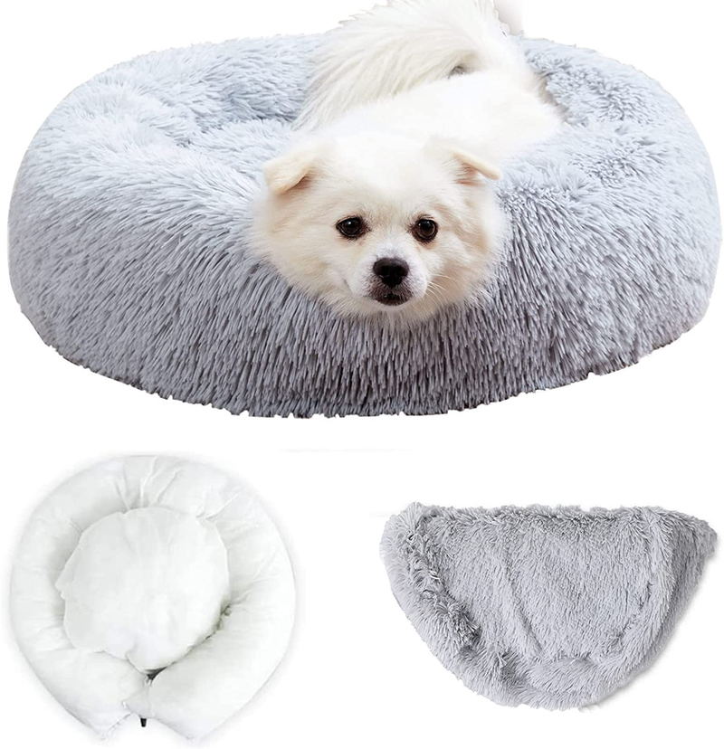 Momopal Donut Dog Bed,Anti-Anxiety Calming round Pet Bed for Dog Cat,Washable Faux Fur Dog Beds& Furniture for Small Medium Large Dogs Cats Animals & Pet Supplies > Pet Supplies > Cat Supplies > Cat Beds MoMoPal Light Grey Small-24" 