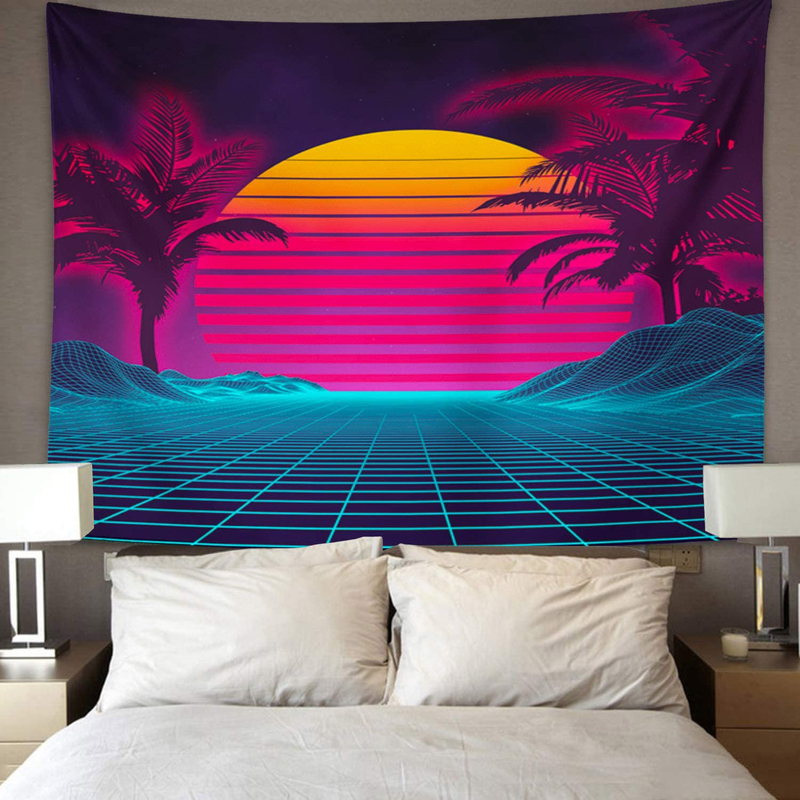 TOMPOP Tapestry Retro Futuristic Neon Landscape 1980S Digital Cyber 80S Party Sci Home Decor Wall Hanging for Living Room Bedroom Dorm 50x60 Inches Home & Garden > Decor > Artwork > Decorative Tapestries TOMPOP   