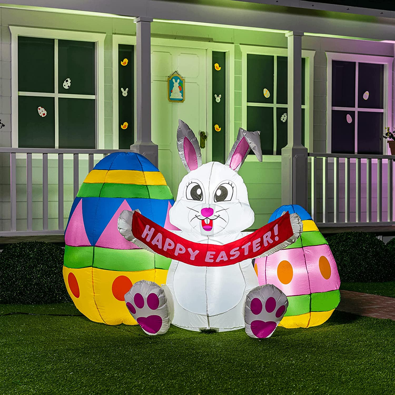 Easter Inflatable Decoration 6 FT Inflatable Easter Bunny & Eggs Inflatable with Build-In Leds Blow up for Easter, Party Indoor, Outdoor, Yard, Garden, Lawn Décor.