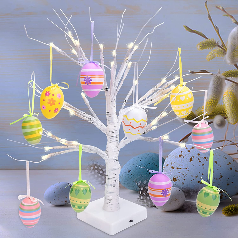 Easter Decorations for the Home,18'' White Birch Tree with 10 Easter Eggs,36 LED Lights Battery Operated Table Centerpiece for Easter Decor Clearance,Spring Easter Eggs Party Seasonal Bedroom Decor