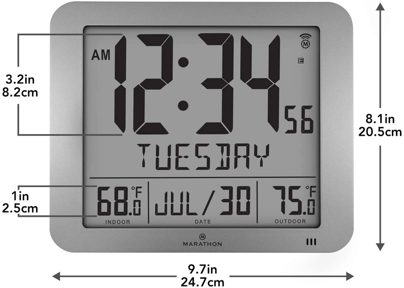 Marathon Slim Atomic Wall Clock with Indoor/Outdoor Temperature, Full Calendar and Large Display - Batteries Included - CL030027-FD-GG (Graphite Grey) Home & Garden > Decor > Clocks > Wall Clocks Marathon   