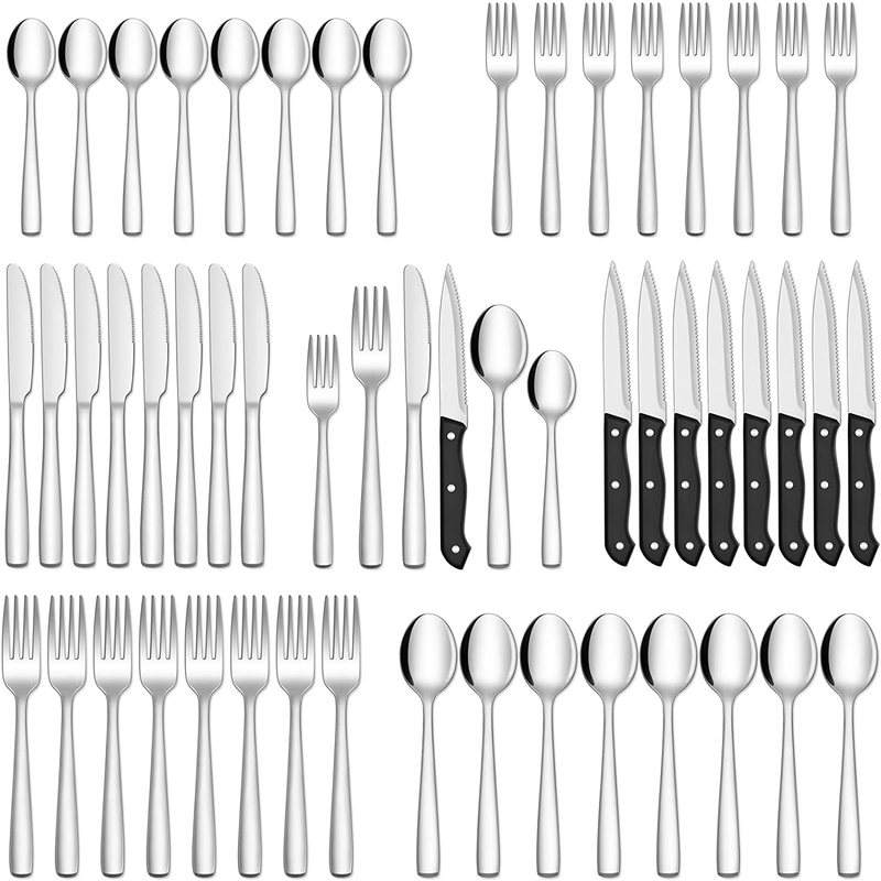 Hiware 48-Piece Silverware Set with Steak Knives for 8, Stainless Steel Flatware Cutlery Set For Home Kitchen Restaurant Hotel, Mirror Polished, Dishwasher Safe