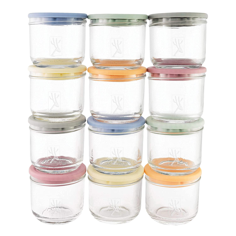 Elk and Friends 5oz Borosilicate Glass Baby Food Storage Jars with Silicone Lid | Available in 12 or 6 Set | Strong Glass Storage Containers | Microwave, Oven & Dishwasher Safe | Infant and Babies Home & Garden > Decor > Decorative Jars Elk and Friends Soft Colors (12 Pack)  